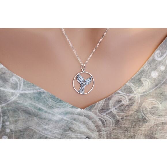 Sterling Silver Mermaid Tail Pendant Necklace, Mermaid Tail Circle Necklace - Picture 2 of 4